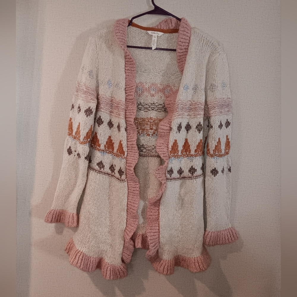 Matilda Jane Womens Just Imagine Jacie Ruffled Wool Cardigan Sz S Cream Pink